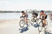 Drei Triathleten und eine Triathletin trainieren auf dem Rennrad auf einer sonningen Strasse am Wasser Drei Triathleten und eine Triathletin trainieren auf dem Rennrad auf einer sonningen Strasse am Wasser